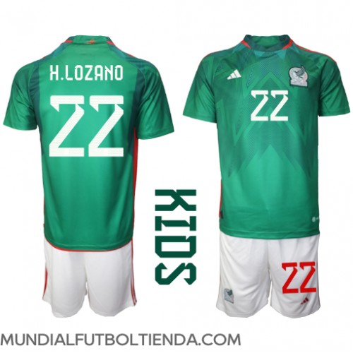 Camiseta México Hirving Lozano #22 Primera Equipación Replica Mundial 2022 para niños mangas cortas (+ Pantalones cortos)